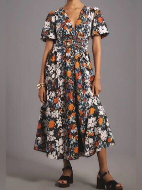 NWT Anthropologie Katerina Button Front Maxi Dress Black Floral Size 1X